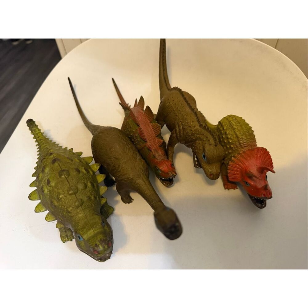 Lot of 5 Olive Green Orange Hard Rubber T-Rex Dinosaur Action Figure Collectible